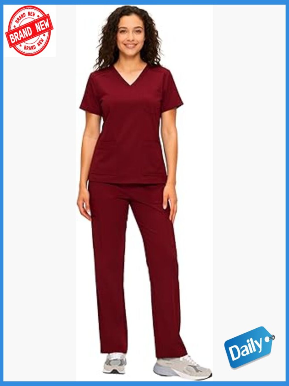 V-Neck Scrub Top and Cargo Straight Leg Pants Set with 12 Pockets